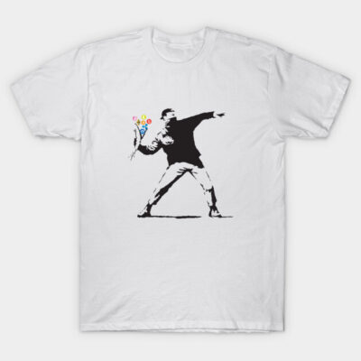 White t-shirt featuring a black stencil-style design of a person throwing a colorful bouquet. Casual and artistic apparel.
