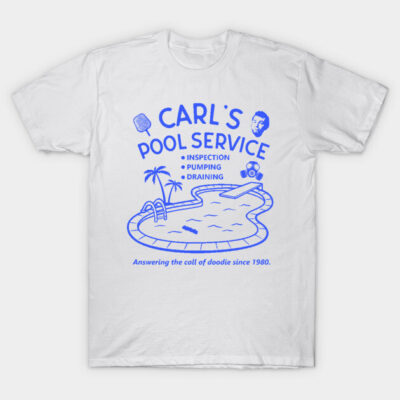 White T-shirt featuring blue "Carl's Pool Service" graphic design, casual style, perfect for summer wear.