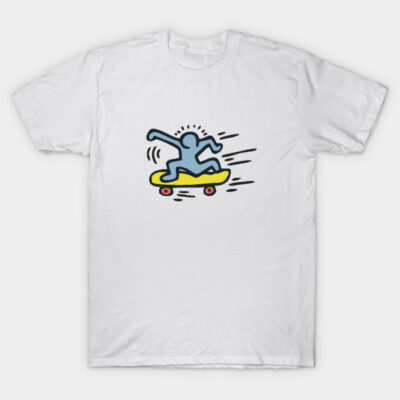 White graphic t-shirt featuring colorful skateboard design, casual style, cotton material, ideal for everyday wear.