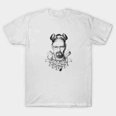 White graphic t-shirt featuring monochrome design with text. Casual wear for fans of pop culture and graphic tees.