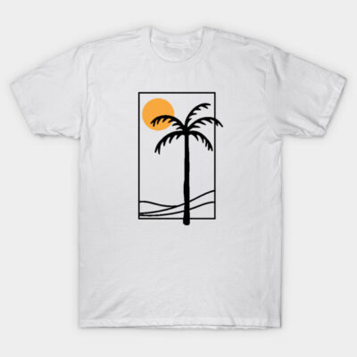 White T-shirt featuring a minimalistic palm tree and sun graphic, perfect for casual wear, made from soft cotton.