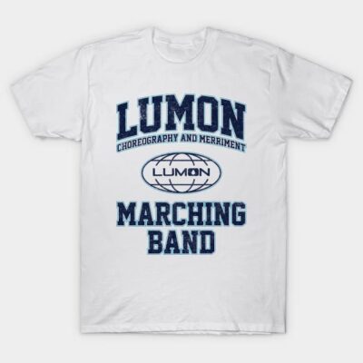 White t-shirt with "Lumon Marching Band" text in navy blue, casual style, perfect for music enthusiasts.