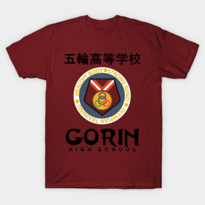 Maroon T-shirt with Gorin High School logo, featuring colorful emblem and Japanese text, casual wear, cotton fabric.