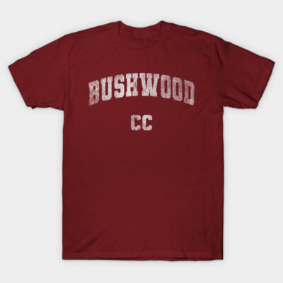 Maroon T-shirt with "Bushwood CC" text, casual style, cotton material, perfect for everyday wear.