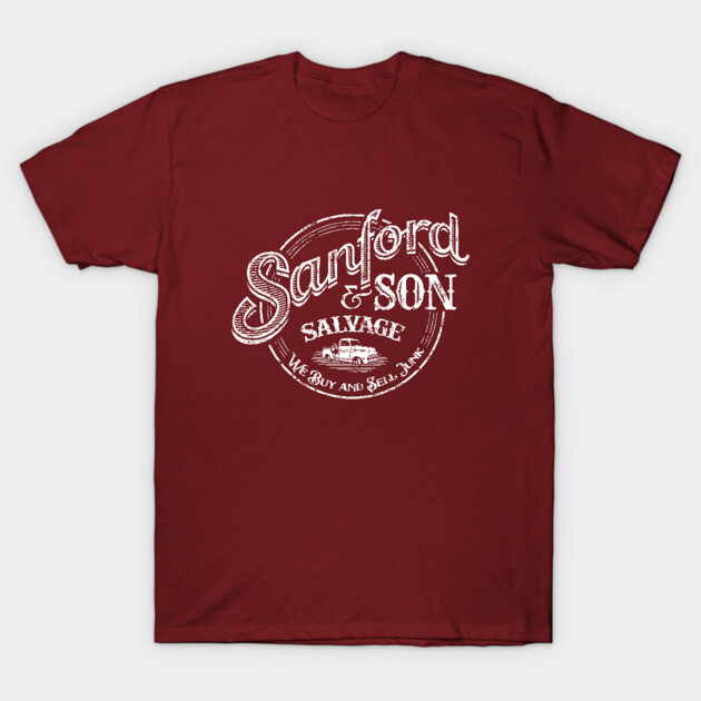 Red vintage-style t-shirt with distressed "Sanford & Son" graphic, ideal for casual wear, made of soft cotton.