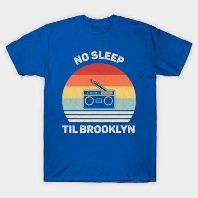 Blue t-shirt with retro radio design and "No Sleep Til Brooklyn" text, ideal for casual wear.