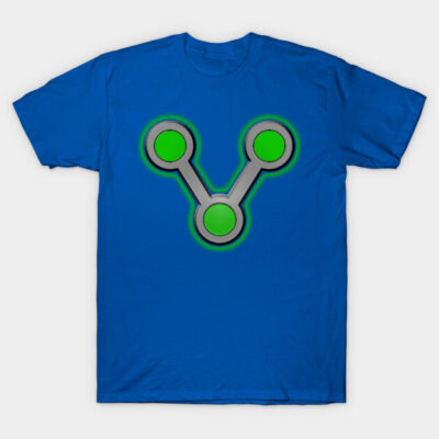 Blue t-shirt with green abstract design, short-sleeve, cotton, casual wear, unisex.
