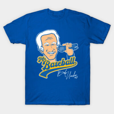 Blue "Mr. Baseball" graphic t-shirt with microphone design, perfect for casual wear and sports fans.