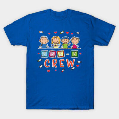 Blue "Pre-K Crew" T-shirt with playful graphic design, ideal for preschool kids; 100% cotton, casual wear.