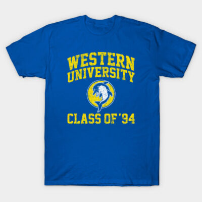 Blue T-shirt with "Western University Class of '94" text and dolphin graphic, casual wear, cotton material.