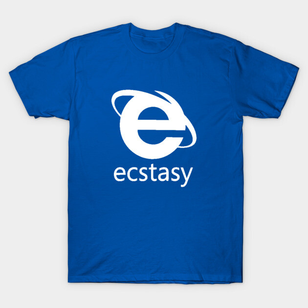 Blue cotton t-shirt with white "ecstasy" internet-themed graphic, casual wear, unisex design.