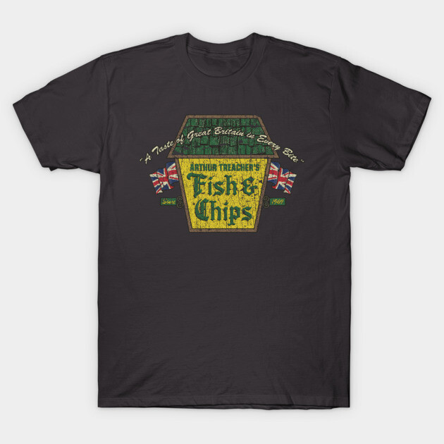 Black graphic t-shirt with vintage-style "Arthur Treacher's Fish & Chips" design featuring British flags.
