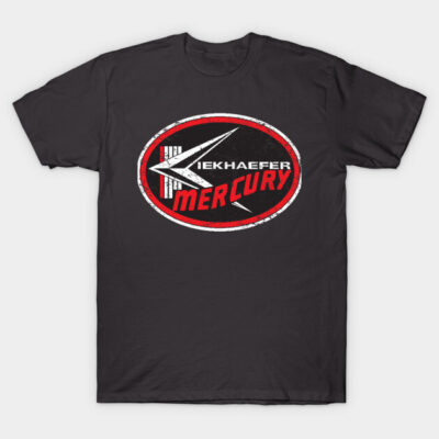 Black graphic t-shirt with vintage-style red and white logo design, ideal for casual wear, made from soft cotton.