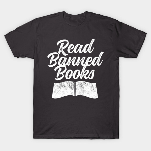Black unisex T-shirt with "Read Banned Books" text in white, casual style, ideal for book lovers.