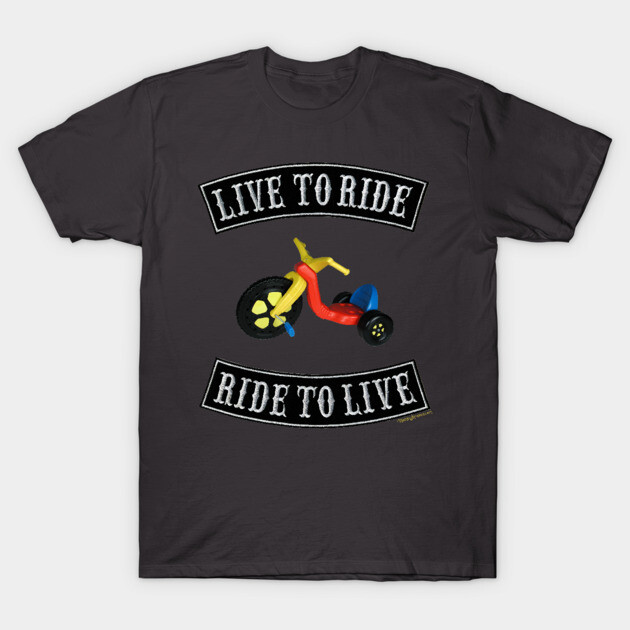 "Black t-shirt with colorful tricycle graphic and 'Live to Ride, Ride to Live' text, casual cotton wear."