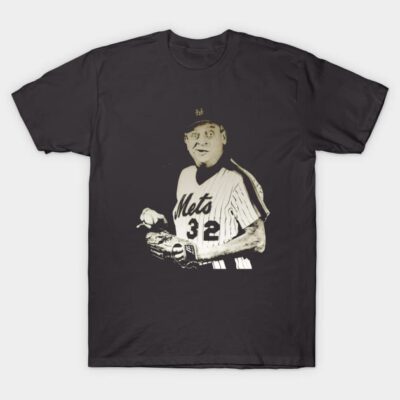 Black t-shirt featuring vintage baseball player graphic, white print, casual style, perfect for sports fans.