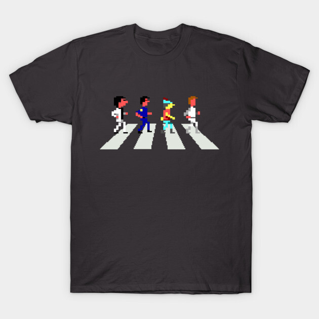Black t-shirt with pixel art characters crossing a street, casual style, ideal for retro-themed fashion enthusiasts.