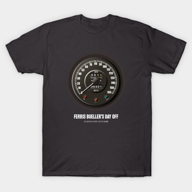 Black graphic t-shirt featuring vintage speedometer design with "Ferris Bueller's Day Off" text, casual style.