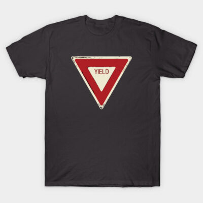 Black T-shirt with vintage-style yield sign graphic, casual wear, cotton material, unisex design.