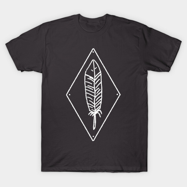 Black t-shirt with white feather graphic, geometric design, casual style, 100% cotton, unisex fit, ideal for everyday wear.