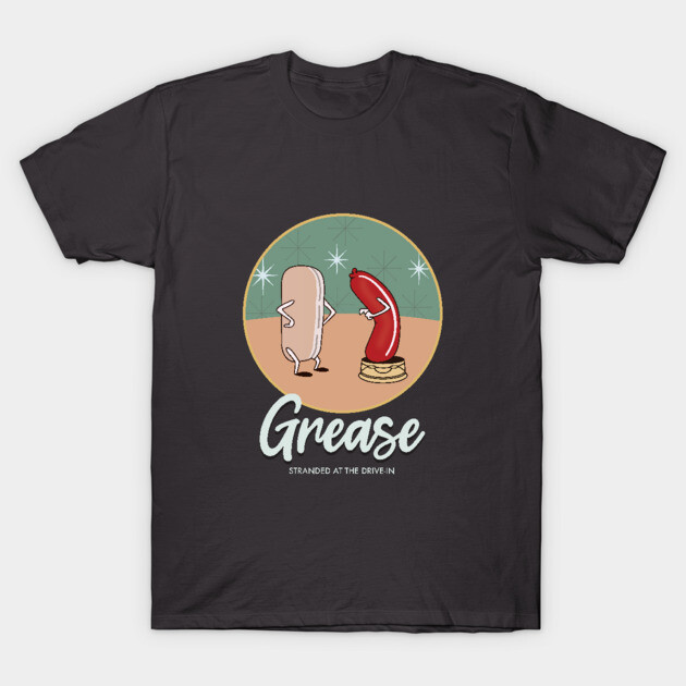 Black t-shirt with "Grease" graphic, featuring cartoon hotdog and bun. Casual wear, cotton blend, unisex style.