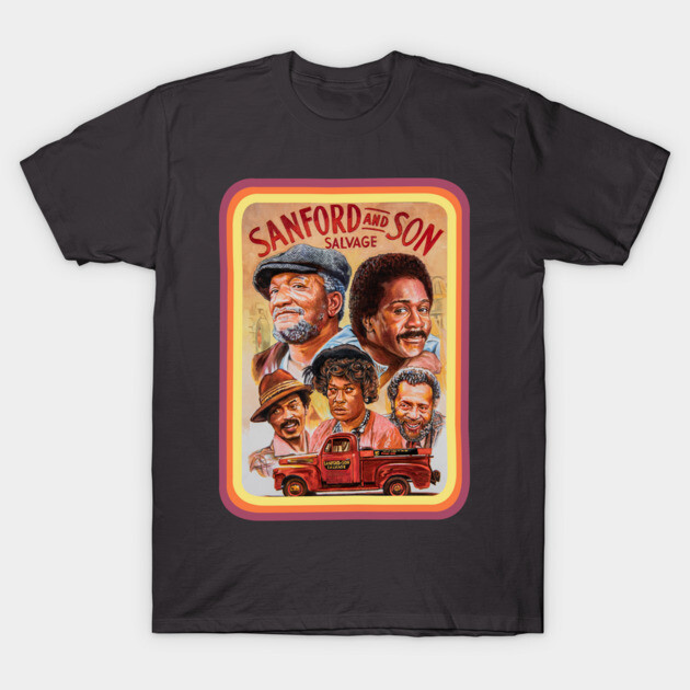 Black Sanford and Son graphic tee, retro TV show design, casual wear, soft cotton fabric for comfort and style.