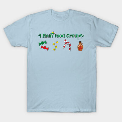 Light blue t-shirt with "4 Main Food Groups" design featuring candy icons, casual cotton short sleeve for everyday wear.