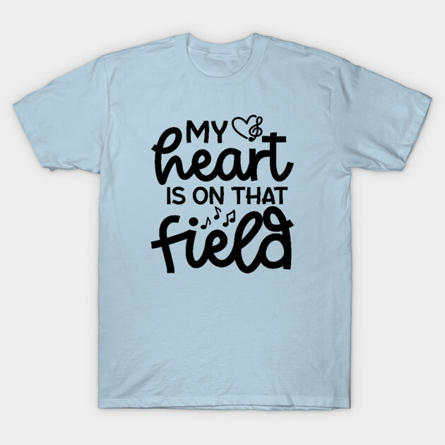 Light blue t-shirt with "My Heart Is On That Field" musical note design, casual unisex apparel, cotton fabric.