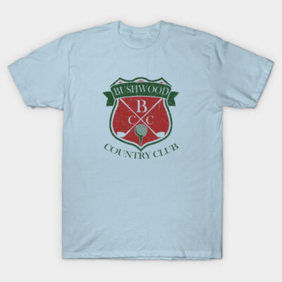 Light blue t-shirt with red and green Bushwood Country Club logo, casual style, comfortable cotton material.