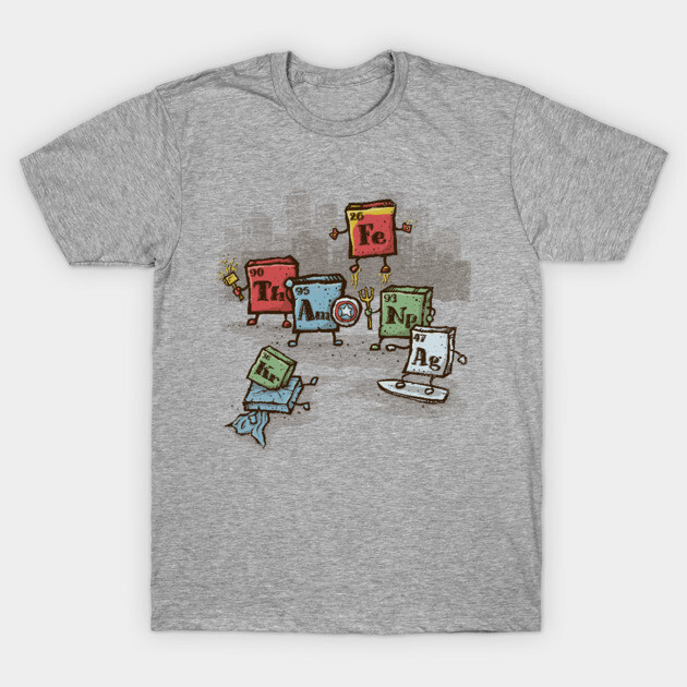 Gray cotton t-shirt with colorful periodic table superhero design, casual style, unisex, perfect for science enthusiasts.