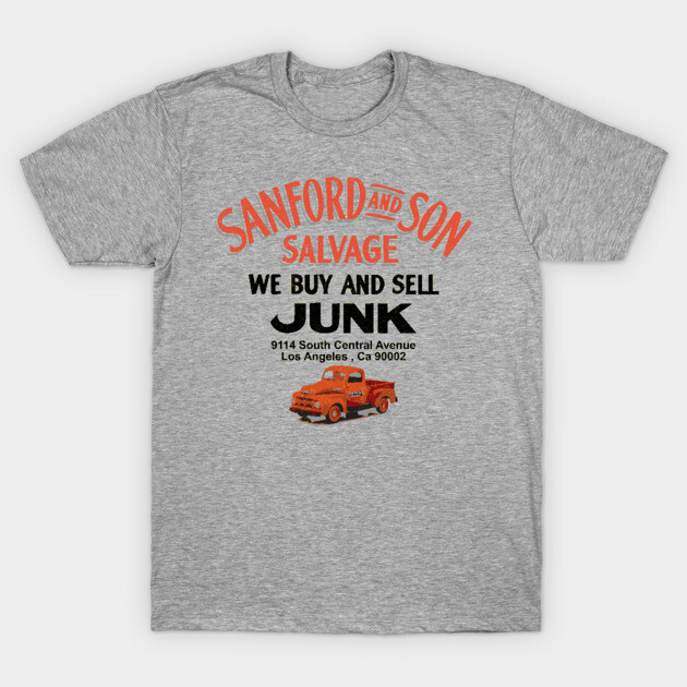 Gray Sanford and Son Salvage T-shirt featuring vintage truck graphic, perfect for casual wear.