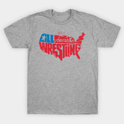 Gray T-shirt with "All American Wrestling" graphic in red and blue, cotton material, casual style, unisex design.