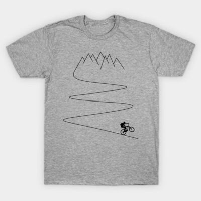 Gray cotton t-shirt with minimalist mountain bike graphic, ideal for casual wear and outdoor enthusiasts.