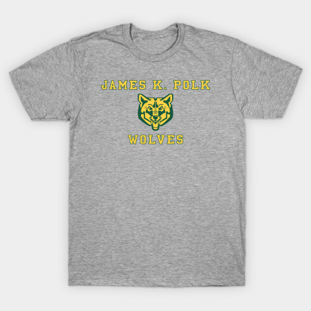 Gray t-shirt with "James K. Polk Wolves" logo, featuring a green and yellow wolf design, perfect for casual wear.