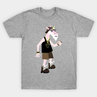 Gray t-shirt featuring a stylish cartoon goat with accessories, ideal for casual wear. Soft fabric for comfort.