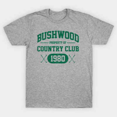 Gray t-shirt with "Bushwood Country Club 1980" green text, casual style, ideal for sports or everyday wear.