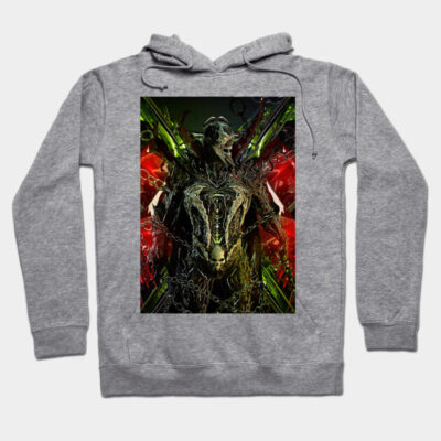 Gray hoodie featuring a vibrant, abstract design with red and green accents, perfect for casual wear.