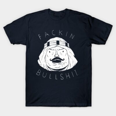Black graphic t-shirt with humorous cartoon design, casual wear, soft cotton fabric, men's fashion, round neck style.