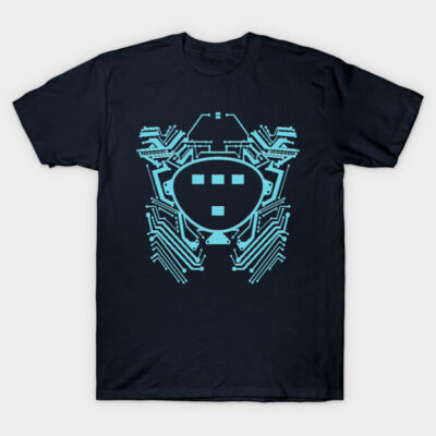 Navy blue t-shirt with futuristic light blue circuit design, casual style, soft cotton fabric, perfect for tech enthusiasts.