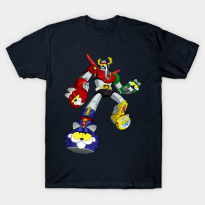 Black t-shirt featuring colorful robot graphic design, casual wear, made of 100% cotton for comfort and style.