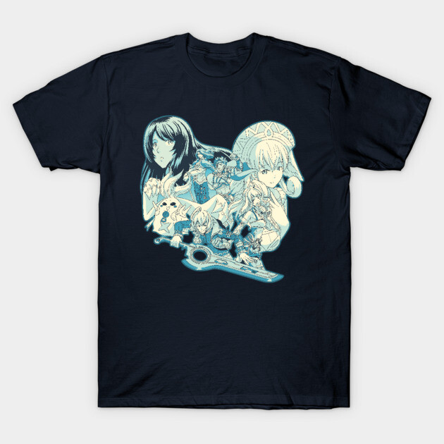 Navy blue T-shirt with anime-inspired characters, casual fit, perfect for fans and everyday wear, 100% cotton material.