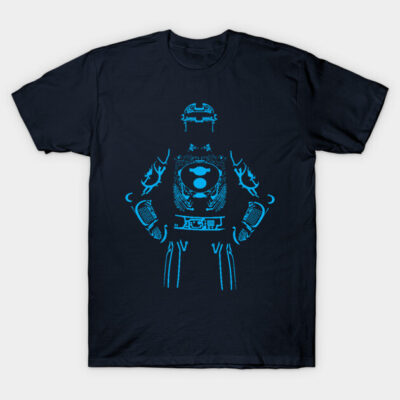 Navy blue t-shirt with neon blue abstract robot design, casual unisex style, perfect for sci-fi enthusiasts.