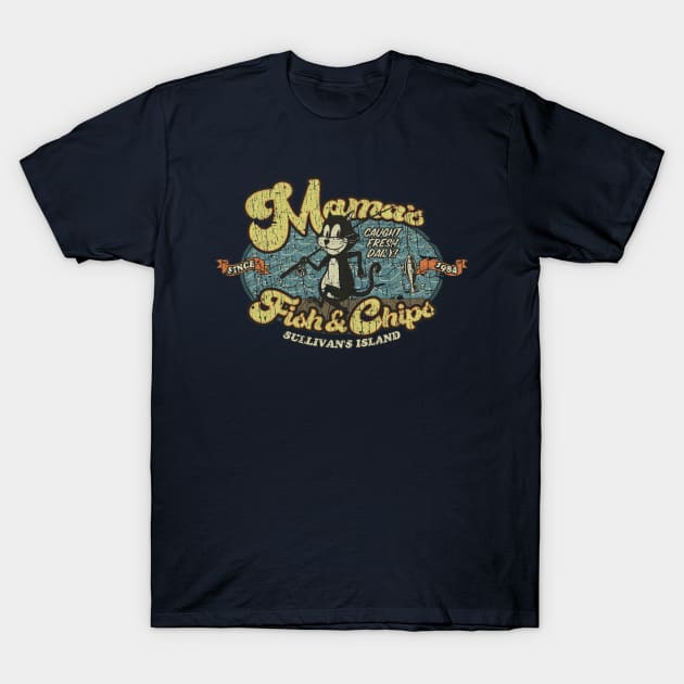 Navy blue graphic t-shirt with vintage "Mame's Fish & Chips" design, casual style, 100% cotton.