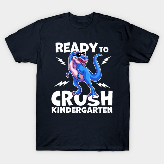 Navy blue t-shirt with cartoon dinosaur and "Ready to Crush Kindergarten" text, perfect for back-to-school kids' wear.