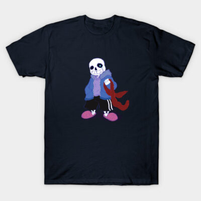 Navy t-shirt featuring a cartoon skeleton in a blue jacket and red scarf, casual style, cotton material.