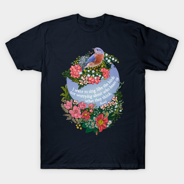 Navy blue T-shirt with floral bird design and inspirational quote, casual style, soft cotton material.