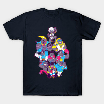 Navy blue graphic t-shirt featuring colorful cartoon characters, casual style, ideal for everyday wear.