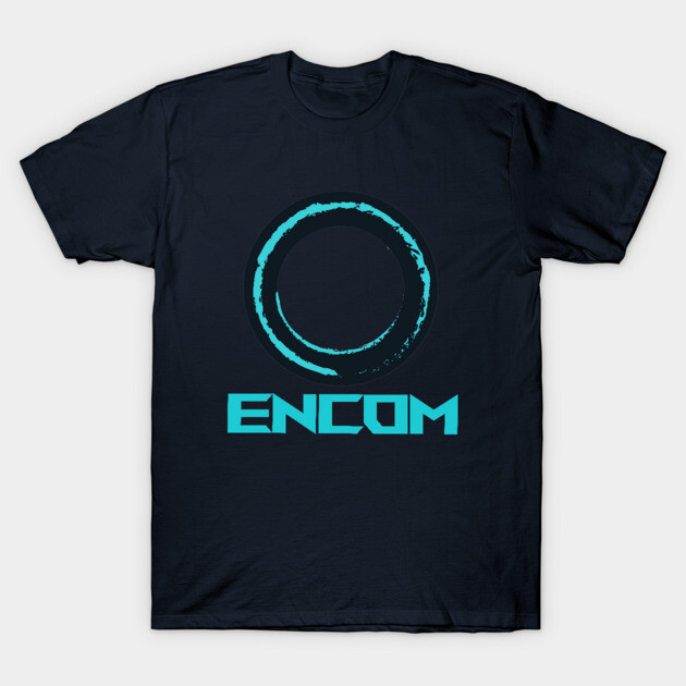 Navy blue t-shirt with futuristic turquoise logo design, perfect for casual wear, made from soft cotton material.