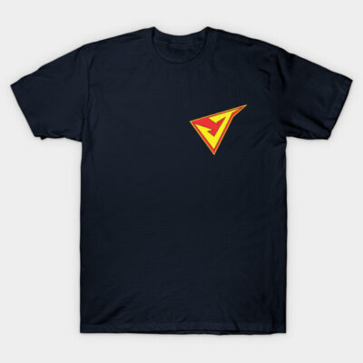 Navy blue cotton t-shirt with yellow and red geometric logo on front, casual wear, unisex style.