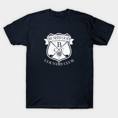 Navy blue t-shirt with "Bushwood Country Club" graphic in white, casual style, ideal for everyday wear.
